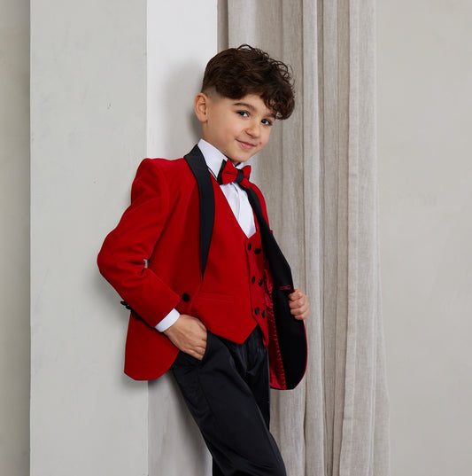 Boy's 5-Pieces Red Velvet Tuxedo Set