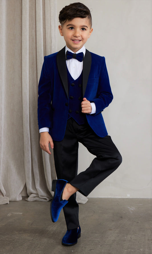 Boy's 5-Pieces Royal Blue Velvet Tuxedo Set